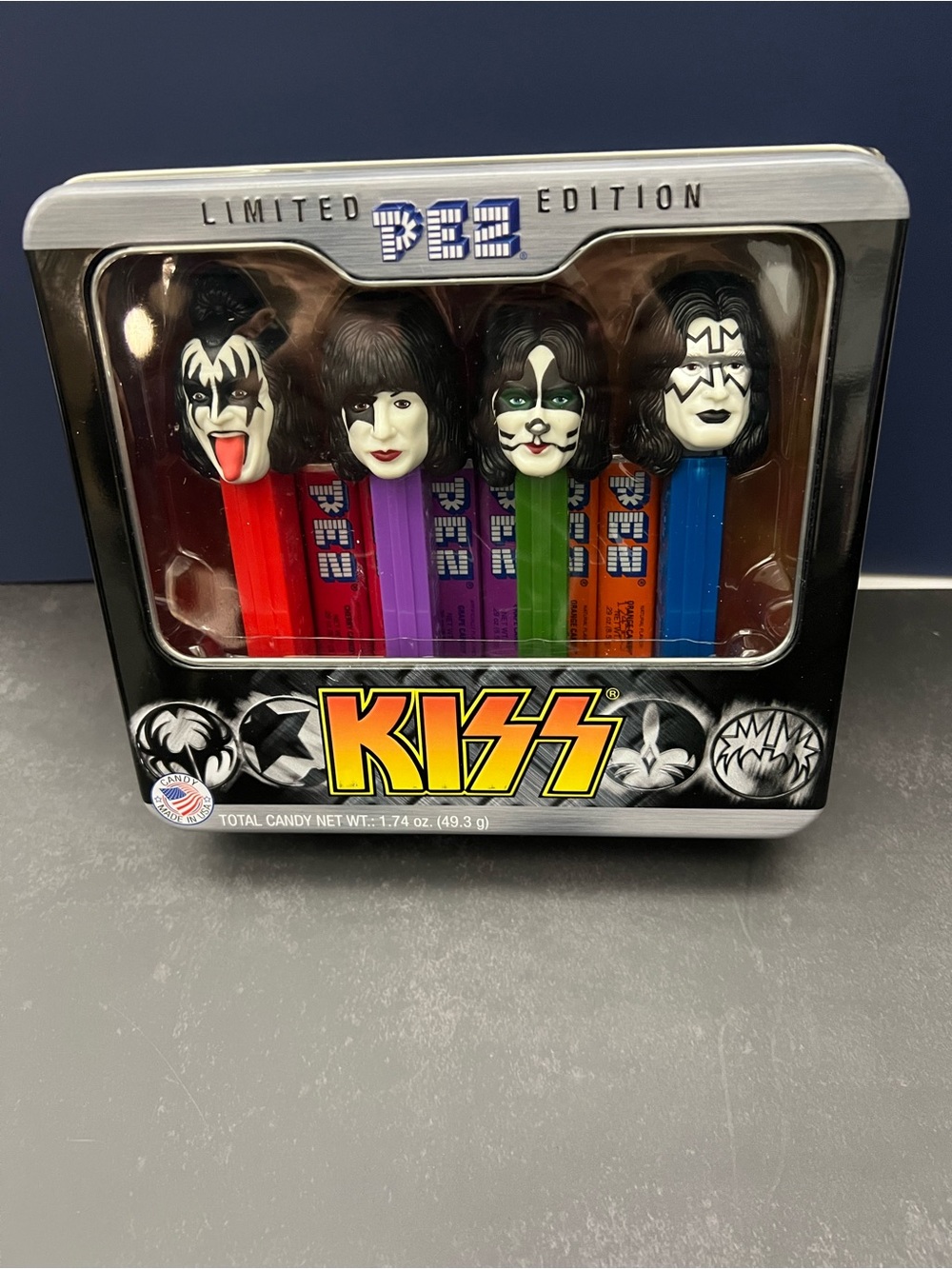 Kiss Limited Edition PEZ Dispenser Tin - Red, Purple, Green, Blue